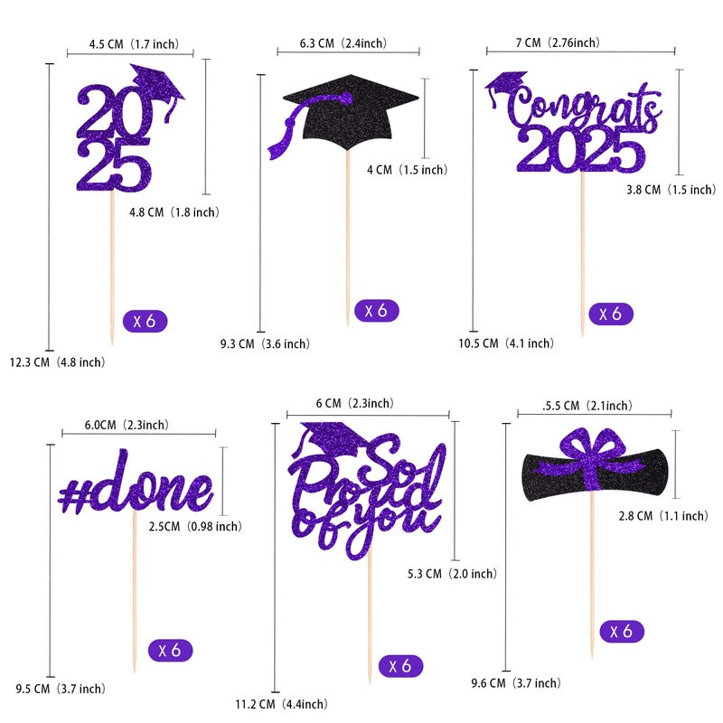 Gexolenu 36pc Purple Graduation Cake Toppers, Class of 2025, Double-Sided Glitter, 36 Pieces - Image 2